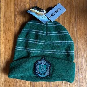 Hot Topic Green and White Striped Beanie with Crest